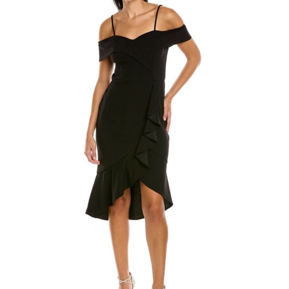 Bebe Black Off Shoulder High Low Ruffle Midi Dress Size 10‎ NEW